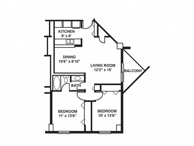 Floor plan for 2 beds, 1 bath, 739 sqft